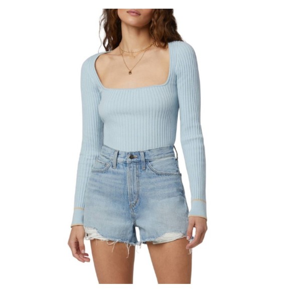 Favorite Daughter Baby Blue Long Sleeve 85%Cotton Square Neck Women's TOP XS - Picture 3 of 11